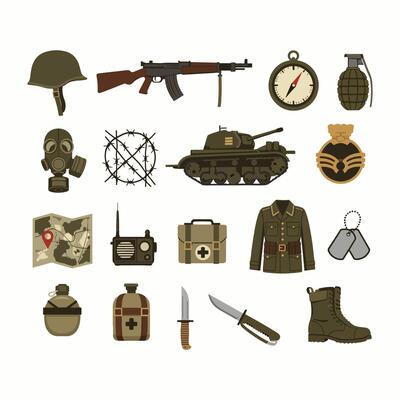 Military icons set, including a map, compass, gun, and other items