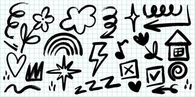 creative collection of hand drawn doodles on grid notebook paper, featuring whimsical sketches such as arrows, hearts, flowers, stars, clouds, rainbows, checkboxes, and musical notes. vector