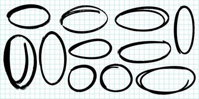 collection of hand drawn oval and circle shapes in black marker on a blue grid paper background vector