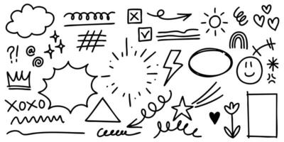 set of hand drawn doodle elements in black ink on a white background. Includes arrows, speech bubbles, stars, hearts, lightning bolt, sun, checkboxes, curly lines, shapes, and decorative symbols. vector
