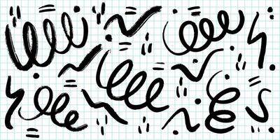 collection of abstract black brushstroke doodles and scribbles on a blue graph paper background. vector