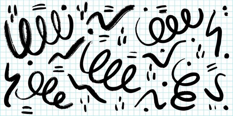 collection of abstract black brushstroke doodles and scribbles on a blue graph paper background.