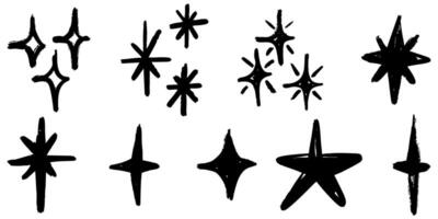 collection of hand drawn black star and sparkle doodles with rough brushstroke texture, arranged on a white background. vector