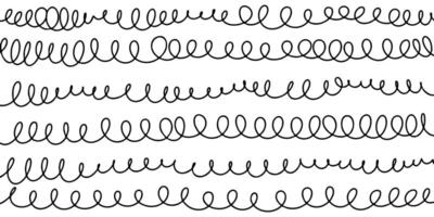 hand drawn spiral lines in black on white background. Abstract squiggle loops and curly strokes create a playful, dynamic texture. vector