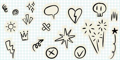 set of hand drawn doodle style stickers on a blue grid paper background. Includes symbols lightning bolts, stars, fireworks, speech bubbles, broken heart, crown, skull, check mark, and sunburst. vector