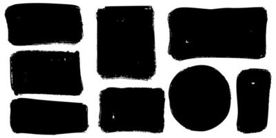 Collection of hand-drawn black paint brush stroke shapes in various forms including rectangles, circles, and squares. vector