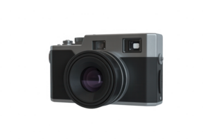 Close up of a vintage style camera with a large lens on a transparent background background png