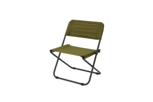 olive green folding chair with a metal frame on a transparent background in a studio setting png