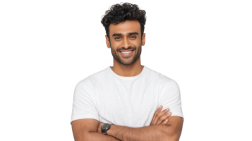 Smiling man with curly hair poses confidently wearing a white t shirt and a wristwatch on transparent background png
