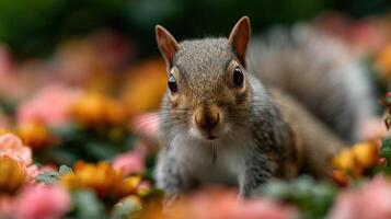 A Squirrel Looking For Nuts Among Garden Flowers photo