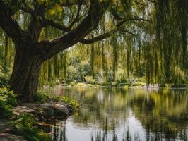 A Single Weeping Willow Next To A Peaceful Pond photo