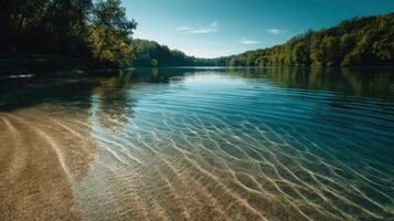 A Sunlit Lake With A Clear View Of The Sand Below photo