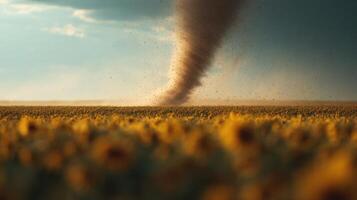 An Open Sunflower Field Hit By A Powerful Whirlwind photo