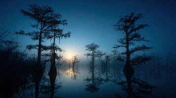 An Ethereal Blue Sunset In A Mystical Swamp photo