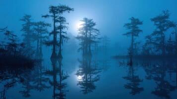 An Ethereal Blue Sunrise In A Mystical Swamp photo