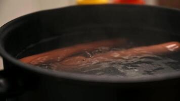 Close-up of Sausages Boiling in a Black Pot Filled with Bubbling Water on a Kitchen Stove video