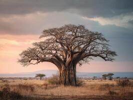An Old Baobab Tree Silhouetted By The Sunset photo