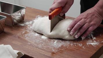 Hands of a baker using a dough scraper to divide dough on a floured wooden surface, preparing for baking. video