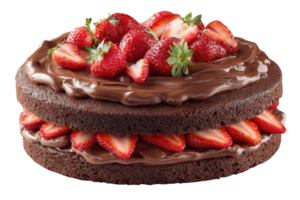 A chocolate layer cake with strawberries and chocolate frosting on a transparent background png