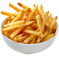 Golden french fries fill a white bowl creating a tasty snack for enjoying as a side dish or appetizer png