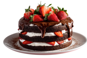 A chocolate cake with strawberries and cream on a white plate with a transparent background png