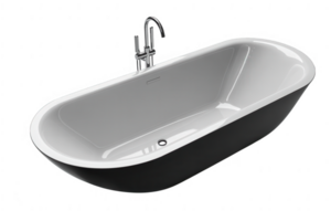 black and white bathtub with chrome faucet on a transparent background png