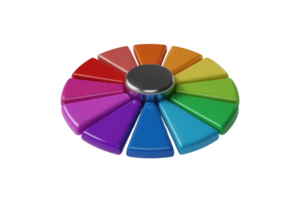 A vibrant color wheel with rainbow hues and a metallic center on a transparent background display png