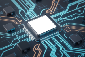 Computer microchip with glowing circuit board background png