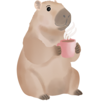 A cute illustration of a capybara holding a pink mug with steam rising, enjoying a warm drink. The capybara has a calm and cozy expression, perfect for coffee or tea-themed designs. png