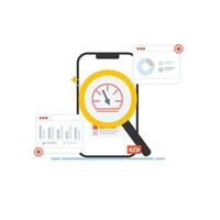 Flat design of mobile speed analysis with dashboard, magnifying glass, and performance meter. Ideal for SEO audit, app performance, or web optimization projects vector