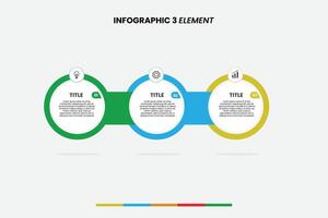 Infographic template features a modern, minimal design with three colorful elements in a horizontal layout. Each section includes an icon, title, and placeholder text vector