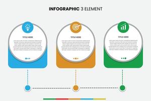 Infographic template features a modern, minimal design with three colorful elements in a horizontal layout. Each section includes an icon, title vector