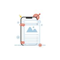Flat design of smartphone interface with search bar, image, code icon, and target. Ideal for mobile SEO, content marketing, or app development projects vector