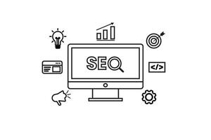 Minimalist black line SEO icons. Set of digital marketing, search optimization, and analytics outline icons. Perfect for website UI, infographics, presentation, and wireframes. vector