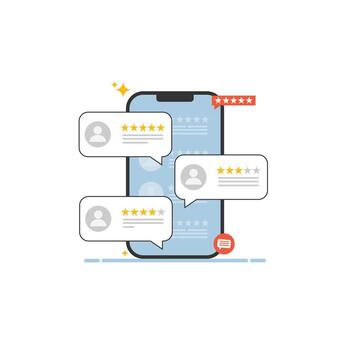 Flat design of customer review and rating on mobile screen. Modern testimonial concept for app feedback, business review, client satisfaction, or online rating presentation vector