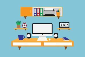 Flat design illustration of modern home office desk setup. Includes computer, clock, coffee cup, plant, books, shelves, printer, and calendar. Great for remote work or productivity themes vector
