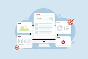 Flat design illustration of SEO strategy concept with search bar, content, analytics, and optimization. vector
