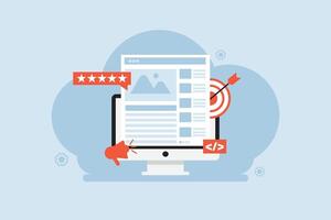 concept of SEO content marketing and blog article optimization. Includes rating stars, web layout, coding, and target icons. Perfect for web, digital marketing, and editorial design. vector