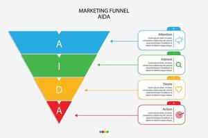 AIDA marketing funnel infographic template with colorful design and icons. Perfect for sales strategy, business presentation, and digital marketing vector