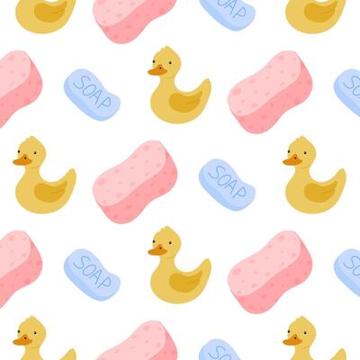 Cute rubber ducks and sponges pattern on a white background for childrens decor