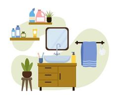 Modern bathroom sink with shelves and plants vector