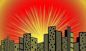 Comic cartoon background with city silhouette and halftone texture vector