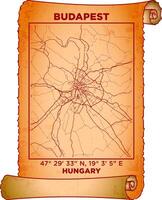 map art Budapest, Hungary with coordinates. map poster old parchment paper scroll sheet vintage aged and texture, Historical vintage scrolls treasure map concept. poster design map ancient vector