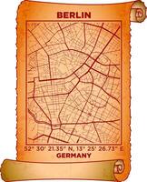map art Berlin city, Germany with coordinates. map poster old parchment paper scroll sheet vintage aged and texture, Historical vintage scrolls treasure map concept. poster design map ancient vector