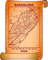 map art Barcelona, Spain with coordinates. map poster old parchment paper scroll sheet vintage aged and texture, Historical vintage scrolls treasure map concept. poster design map ancient vector