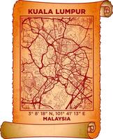 map art Kuala Lumpur, Malaysia with coordinates. map poster old parchment paper scroll sheet vintage aged and texture, Historical vintage scrolls treasure map concept. poster design map ancient vector