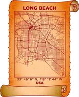 map art Long Beach, USA with coordinates. map poster old parchment paper scroll sheet vintage aged and texture, Historical vintage scrolls treasure map concept. poster design map ancient vector
