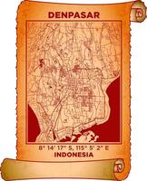 map art Denpasar, Indonesia with coordinates. map poster old parchment paper scroll sheet vintage aged and texture, Historical vintage scrolls treasure map concept. poster design map ancient vector