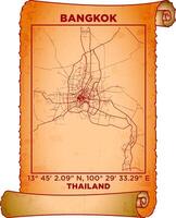 map art Bangkok, Thailand with coordinates. map poster old parchment paper scroll sheet vintage aged and texture, Historical vintage scrolls treasure map concept. poster design map ancient vector
