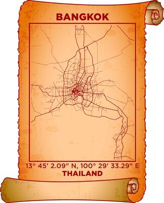 map art Bangkok, Thailand with coordinates. map poster old parchment paper scroll sheet vintage aged and texture, Historical vintage scrolls treasure map concept. poster design map ancient